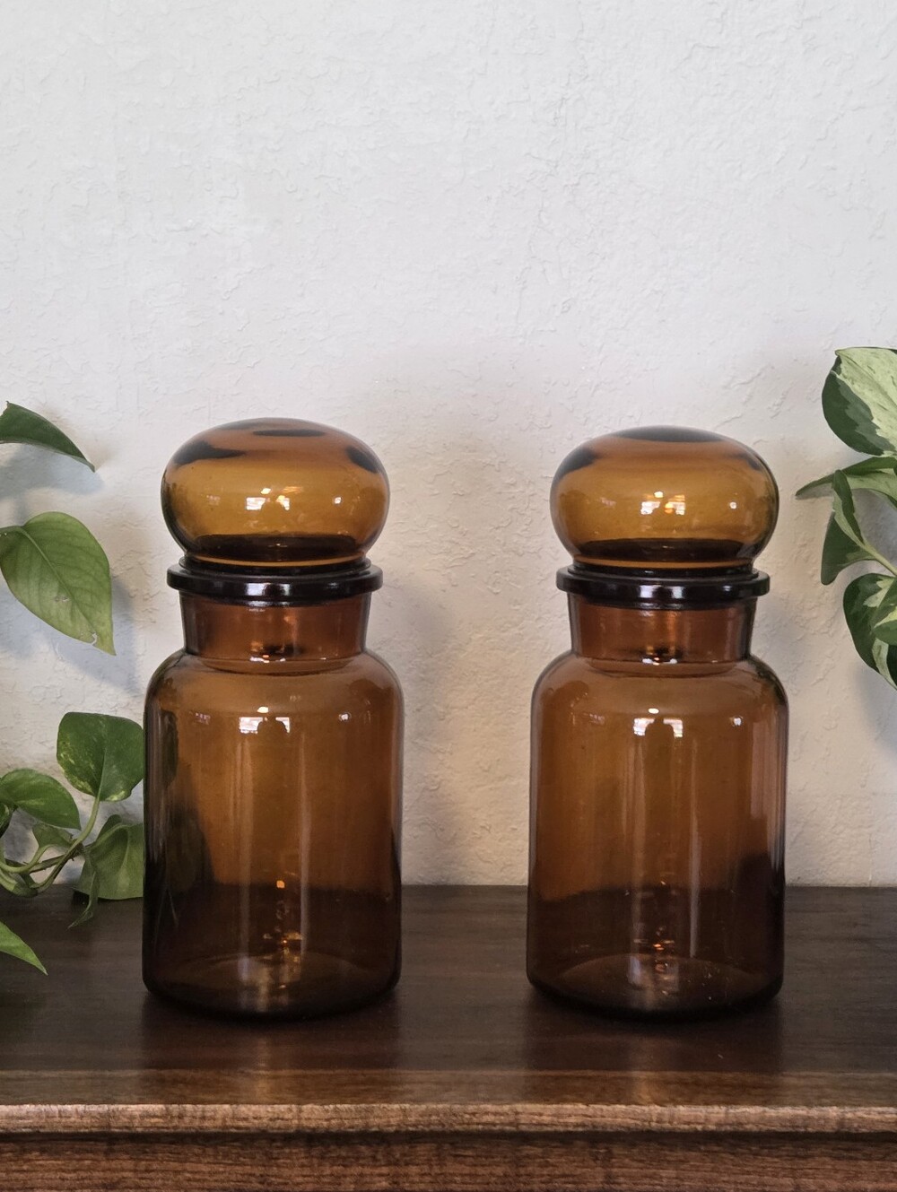 Vintage Belgian Brown Bubble Glass Apothecary Jars Set Of 2